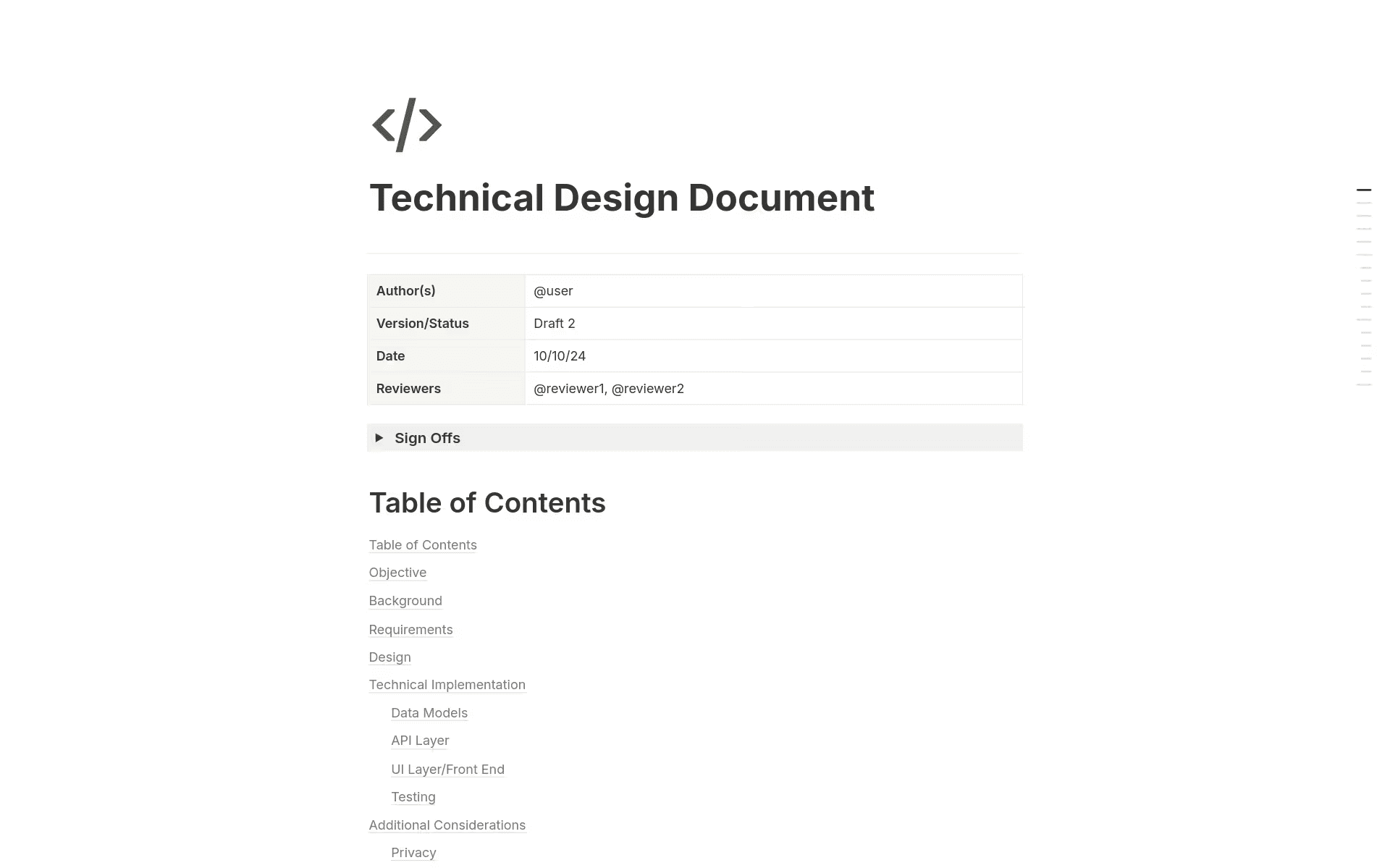Notion’s Technical Design Document provides sections for background, requirements, and more