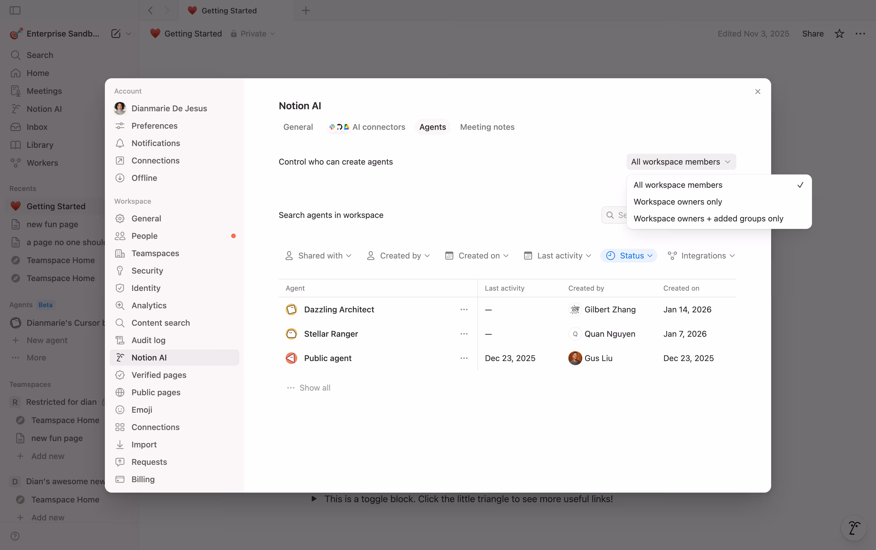 Agent creation settings within Notion AI.