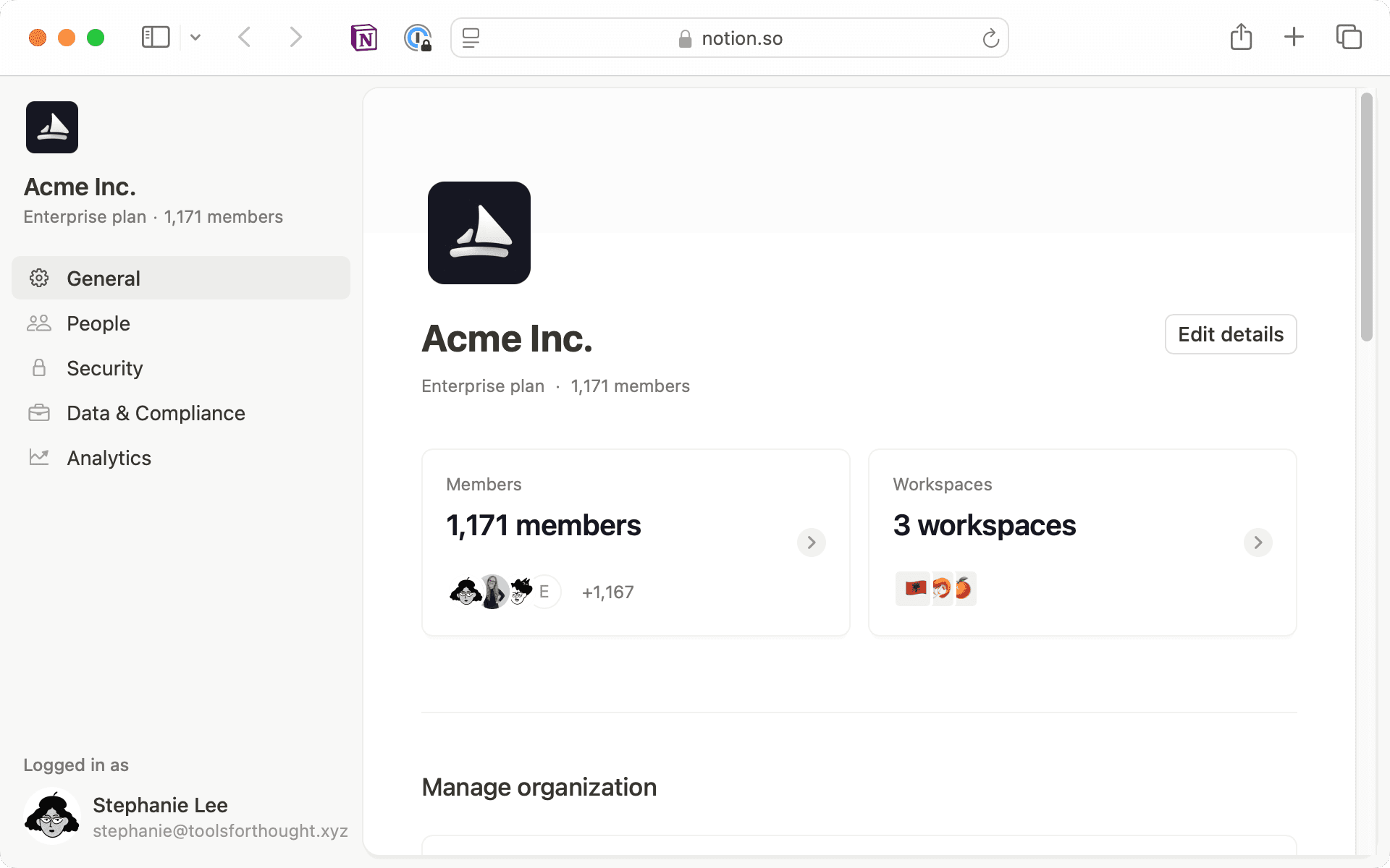 Gérez votre organisation à partir des paramètres généraux pour configurer le provisionnement SCIM et les paramètres SSO SAML.
