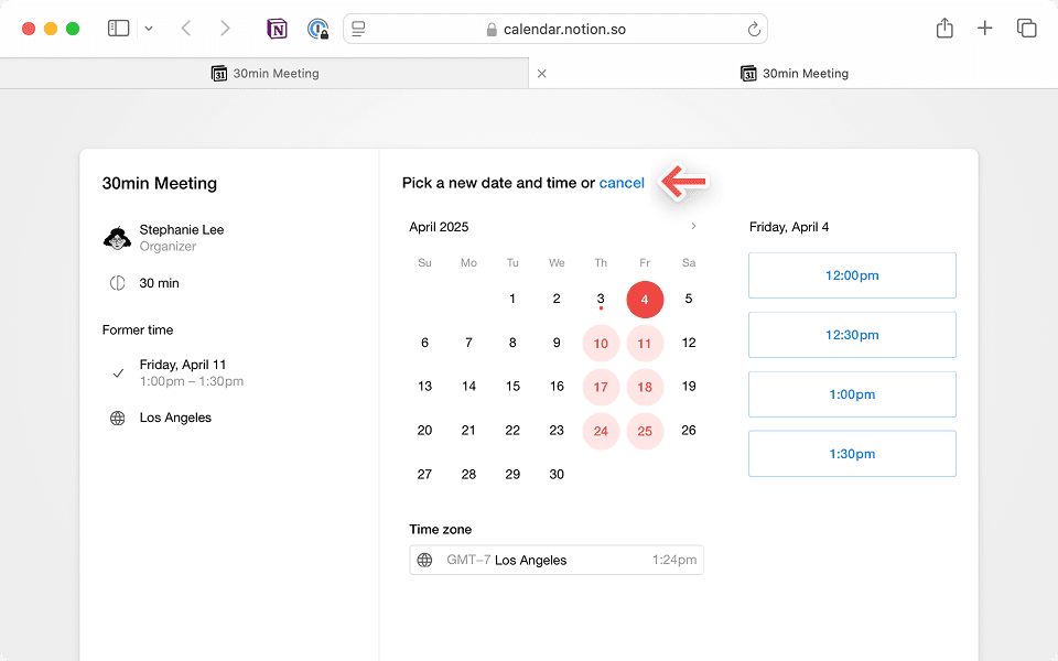 Klik tautan di undangan kalender email Anda untuk menjadwalkan ulang atau membatalkan.