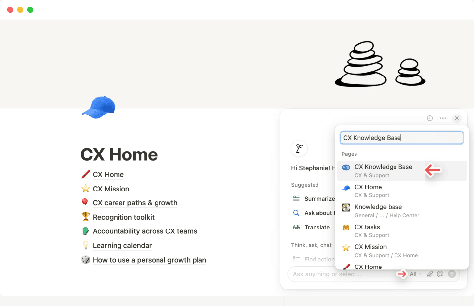 เลือกหน้าหรือแหล่งที่มาที่คุณต้องการให้ Notion AI วิเคราะห์เพื่อหาคำตอบที่ต้องการ