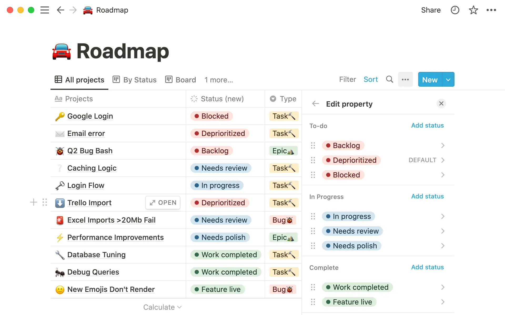 Status property lets you quickly show a task's status โ and add custom subcategories.