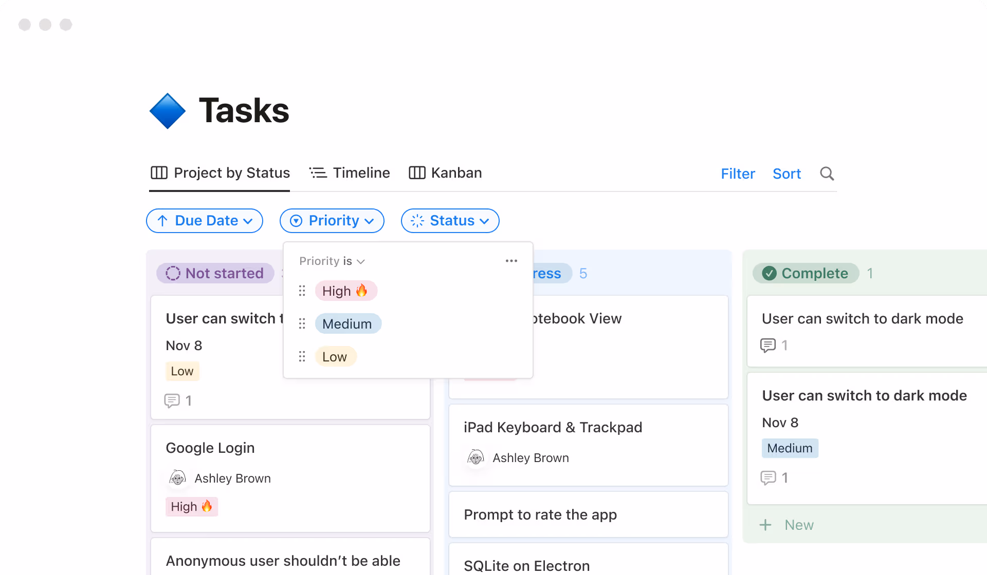 Visualização kanban filtrada